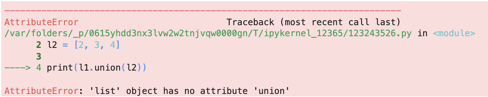Image 5 - AttributeError when trying to call union() on a Python list (image by author)